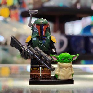 Boba Fett Mini Figure With Grogu, Lego Style, Baby Yoda, Star Wars, Mandalorian